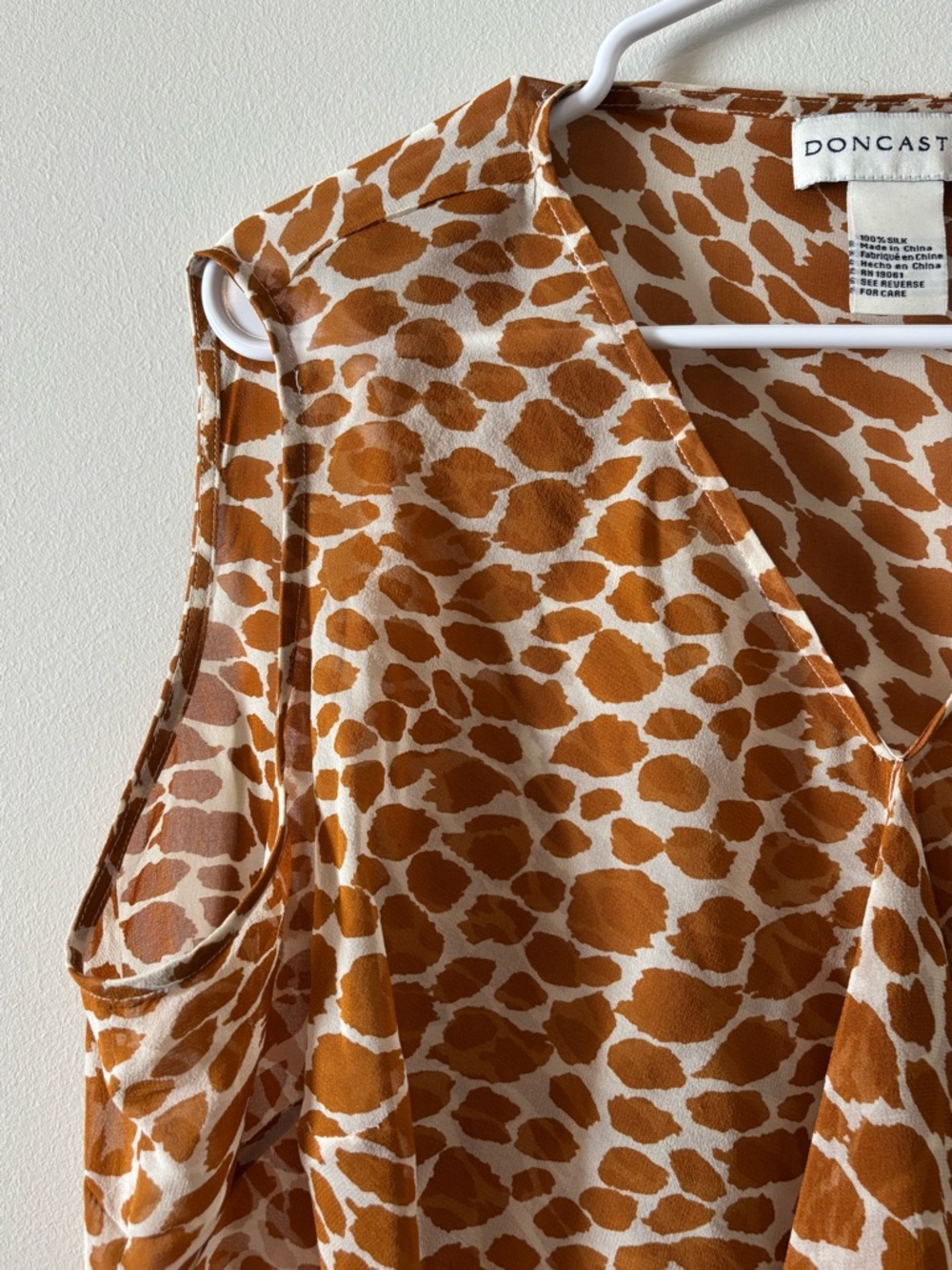 Doncaster 100% Silk Sleeveless Ruffle Front Blouse- Rust Animal Print - Picture 5 of 10